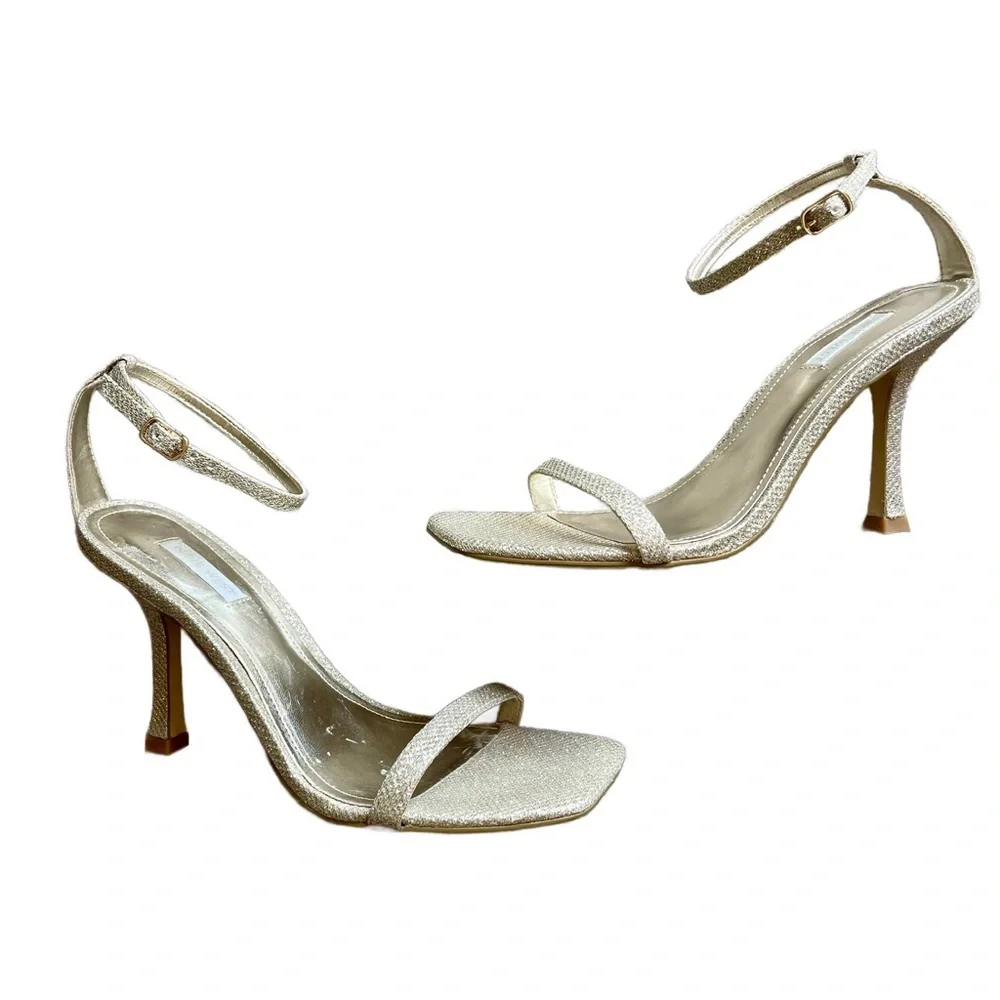 Vintage Nine West Gold Glitter Square Toe Ankle Strap Nudist Prom Wedding Heel 8